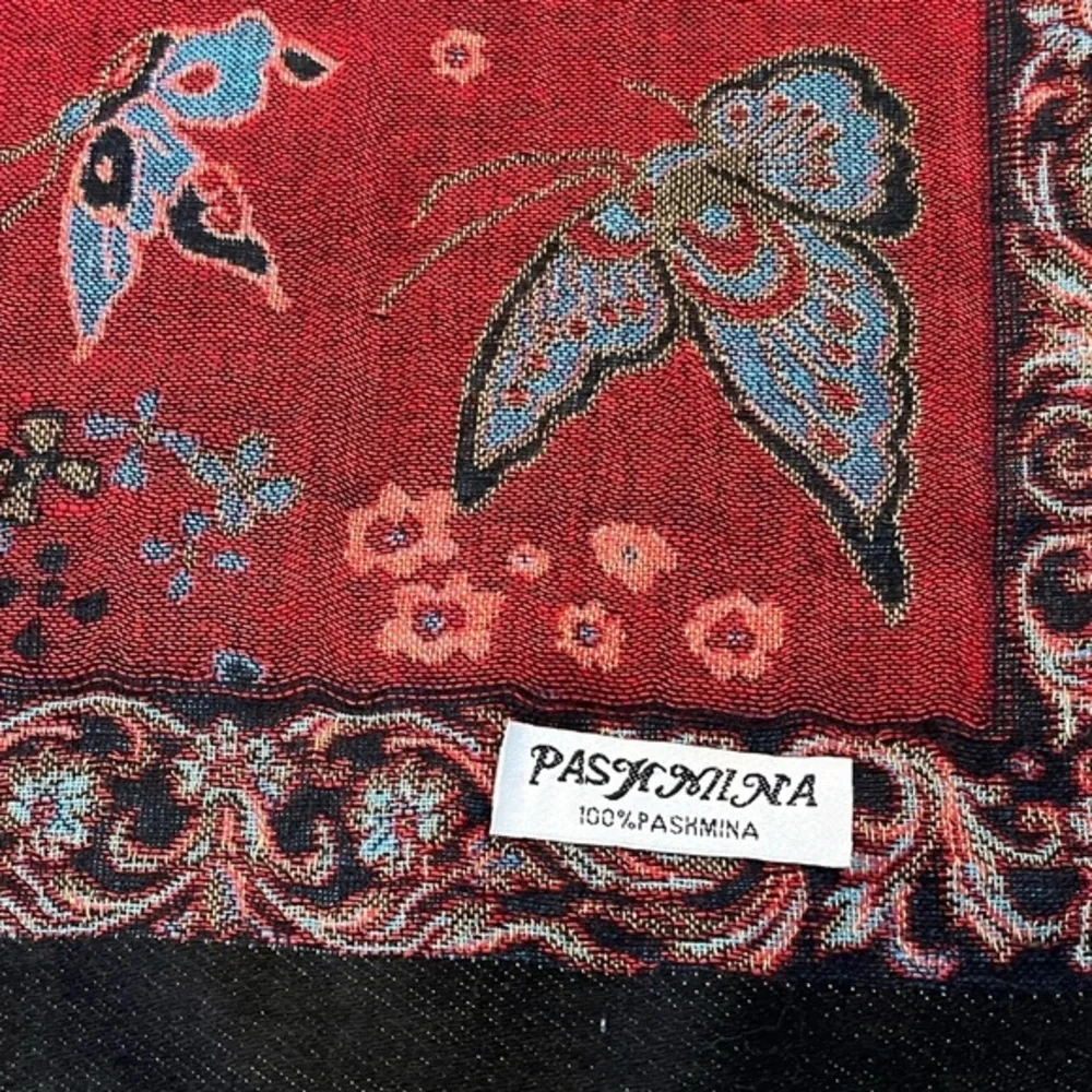 Pashmina, Red, Blue and Olive Colorblock Scarf Butterfly Pattern